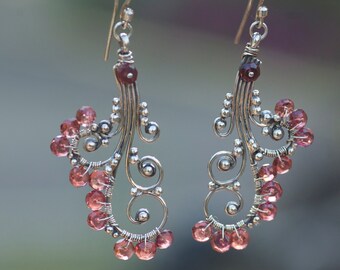 Earrings Garnet Rhodolite pink raspberry beautiful. faceted washers. Grade AA. Solid Silver- For Women. handmade. Boho chic