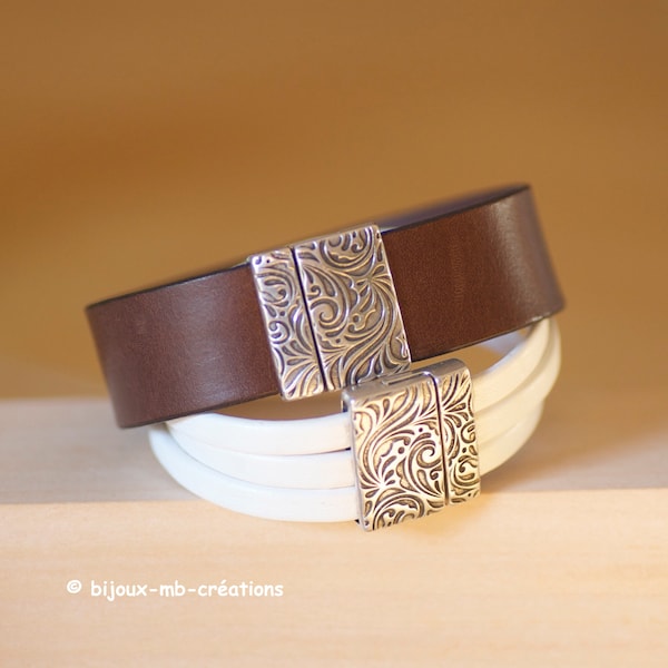 Wide DUO BRACELETS. Brown LEATHER or White Leather. Silver magnetic clasps. Woman-Man-Couple. Made and adjusted to your measurements