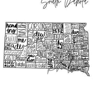 Mapa de Dakota del Sur / Condados / Handlettering / Descarga Digital