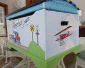 Large Train and Plane Toy Chest, Transportation Toy Chest, Hand Painted-Chest, Custom Toy Chest, Child 39 s Toy Chest, Boy 39 s Toy Chests
