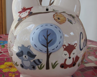 Large-Woodland-Animal-Theme-Piggy-Bank,Personalized-Piggy-Banks,Childrens-Piggy-Banks,Custom-Piggy-Banks,Forest-Friends-Piggy-Bank