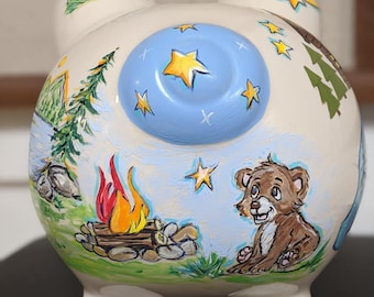 Large-Bear-Wilderness-Theme-Piggy-Bank,Personalized-Piggy-Banks,Boys-Piggy-Banks,Custom-painted-Ceramic-Piggy-Bank,Camping-Theme-Piggy-Bank