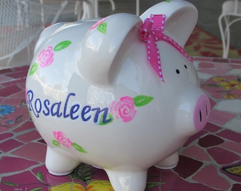 Piggy Bank XXL Wedding Money Gift Kartenbox Pig Rose Vine White Gold