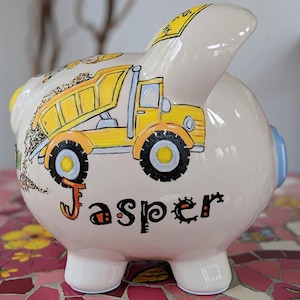 Large-Construction-Vehicle-Custom-Hand-Painted-Piggy-Bank,Personalized-Piggy-Banks,Dump-Truck-Piggy-Bank,Excavator,Back-Hoe-Piggy-Bank