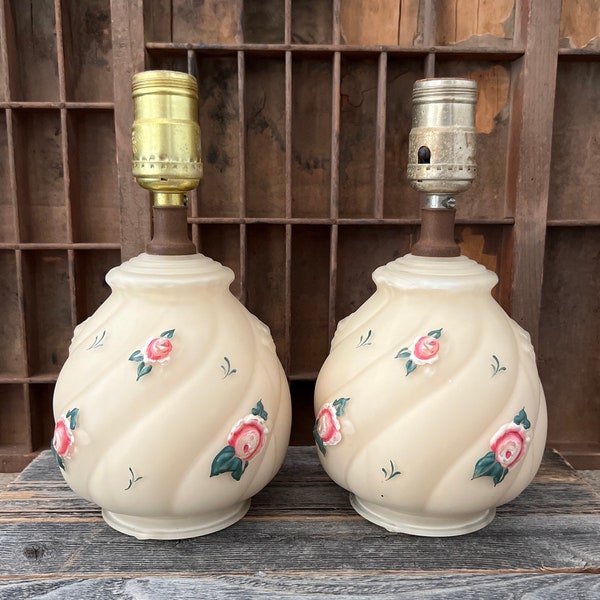 Antique Fenton Glass Boudoir Lamps-Floral Embossed Painted-Romantic Shabby Chic-Set of 2