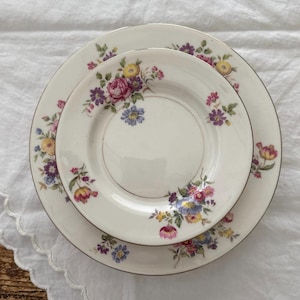 May include: Two white ceramic plates, one stacked atop the other. Both plates feature a floral design with pink, purple, yellow, and blue flowers. The plates have a gold trim.
