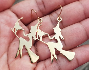 Gold Witch Earrings, Hypoallergenic Handmade Birthday Gift, Halloween Cat Earrings, Witch on Broom Statement Earrings Gift for Mom SALE