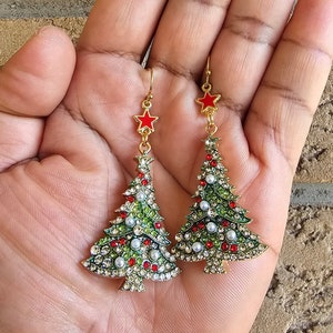 Christmas Tree Earrings, Rhinestone Earrings, Pearl Earrings, Handmade Birthday Gift, Holiday Gifts, Christmas Jewelry, Gift for Mom SALE