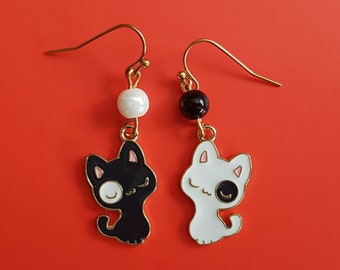 Halloween Cat Earrings, Hypoallergenic Black Cat White Cat Mismatched Earrings, Handmade Gift, Cat Gifts, Mother's Day Gift for Mom SALE