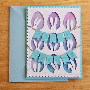 Carte de Joyeuses Pâques faite main : carte de voeux 3D avec oeuf de Pâques et lapin de Pâques - Carte de vœux parfaite et cadeau de Noël, bannière