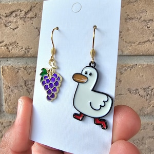 Funny Duck & Grape Mismatched Earrings: Hypoallergenic Duck Song Earrings, Titanium Goose Jewelry, Halloween Back to School Teacher Earrings