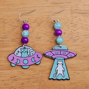 Mismatched Alien Cat Earrings: Handmade Hypoallergenic Flying Saucer Jewelry Sci Fi Abduction Movie Halloween Accessory Graduation Gift