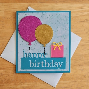 Carte de joyeux anniversaire faite main : carte de voeux de ballons scintillants pour adultes ou enfants, papeterie rose et bleu sarcelle, carte de visite personnalisable