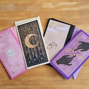 Witchy Celestial Notecard Set of 4 Handmade Astronomy Stationery Sun & Moon Note Card Envelope Assorted Gift Set for Mystical Correspondence
