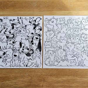 Handmade Cat and Dog Postcard Set: Blank Colouring Postcards for Postcrossing, Animal Greeting Card, Handmade Stationery