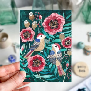 Carte de voeux de fleurs de pavot avec illustration colorée, carte postale A6 avec oiseaux et motif floral, impression d'art, pour anniversaire