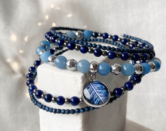 Bransoletka z niebieskich koralików Lapis lazuli dla kobiety boho, bransoletka z naturalnego niebieskiego kamienia szlachetnego na co dzień, botaniczna biżuteria awenturyńska na lato