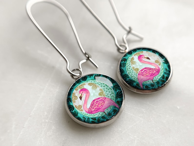 Flamingo pink long earrings for bird lovers, animal earrings perfect for casual look, floral accessory, gift for best friend's birthday image 1