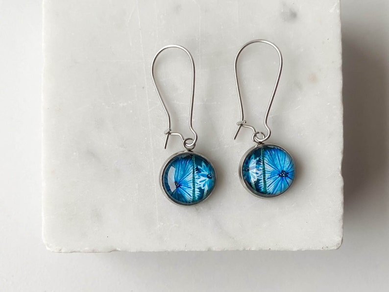 Blue cornflower earrings for summer party, floral artistic earrings for casual look, unique botanical boho look, special gift idea for her image 5