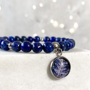 Lapis Lazuli beads bracelet with botanical medallion for romantic date, natural stone bracelet, gift idea for best friend's birthday image 7