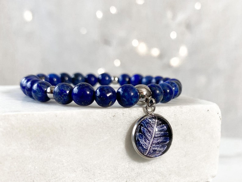 Lapis Lazuli beads bracelet with botanical medallion for romantic date, natural stone bracelet, gift idea for best friend's birthday image 7