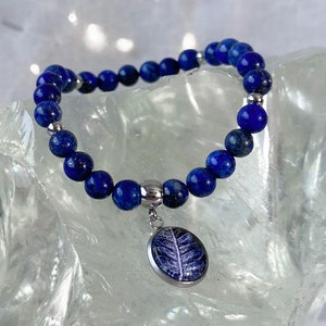 Lapis Lazuli beads bracelet with botanical medallion for romantic date, natural stone bracelet, gift idea for best friend's birthday image 4