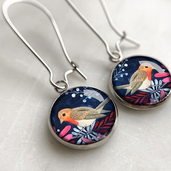 Robin Bird orange and blue long earrings for animal lovers, perfect earrings for casual look, stainless steel accessory for kid's birthday