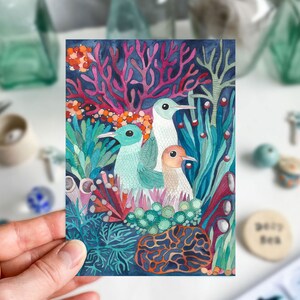 カラフルなイラストのオーシャングリーティングカード、鳥と植物のモチーフのA6ポストカード、アートプリント、ゴージャスな妻へのプレゼント