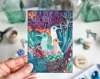 Ocean Greetings Card with colorful illustration, A6 postcard with birds and botanical motive, art print, for gorgeous wife
