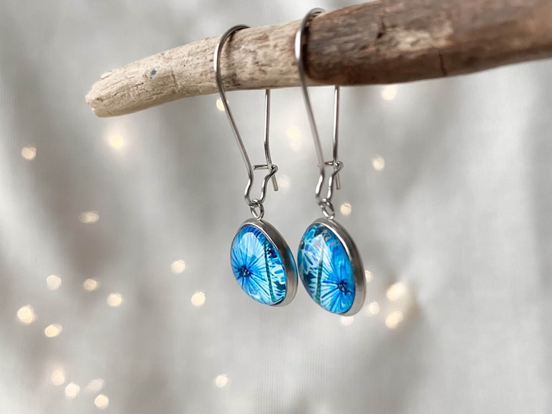 Blue cornflower earrings for summer party, floral artistic earrings for casual look, unique botanical boho look, special gift idea for her image 6