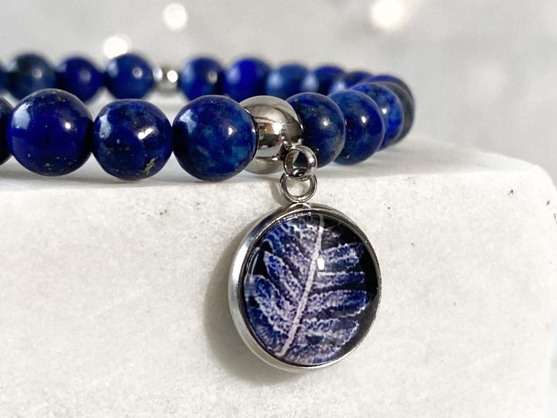 Lapis Lazuli beads bracelet with botanical medallion for romantic date, natural stone bracelet, gift idea for best friend's birthday image 2