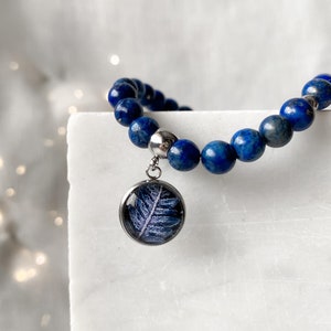 Lapis Lazuli beads bracelet with botanical medallion for romantic date, natural stone bracelet, gift idea for best friend's birthday image 8