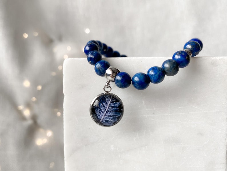 Lapis Lazuli beads bracelet with botanical medallion for romantic date, natural stone bracelet, gift idea for best friend's birthday image 8