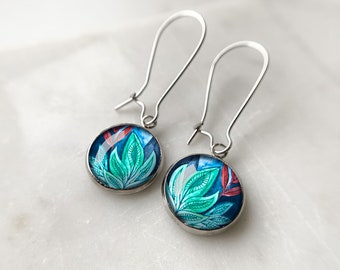 Nature turquoise leaf long earrings for botanical lovers, cute earrings perfect for casual look, floral accessory, gift for sister