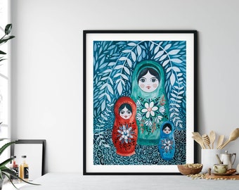 Illustration aquarelle de poupées Matryoshka pour chambre d’enfant, Matrioshka Dolls Art Print avec motif botanique, Wall Art Print pour salon