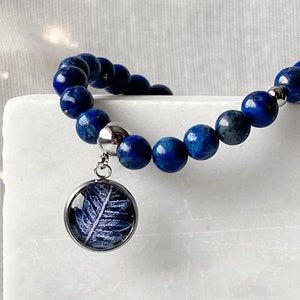 Lapis Lazuli beads bracelet with botanical medallion for romantic date, natural stone bracelet, gift idea for best friend's birthday image 1