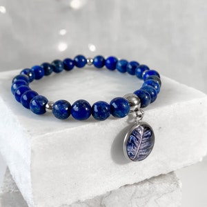 Lapis Lazuli beads bracelet with botanical medallion for romantic date, natural stone bracelet, gift idea for best friend's birthday image 9