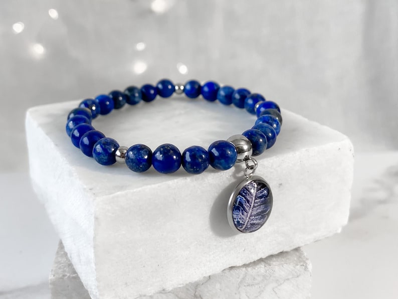 Lapis Lazuli beads bracelet with botanical medallion for romantic date, natural stone bracelet, gift idea for best friend's birthday image 9