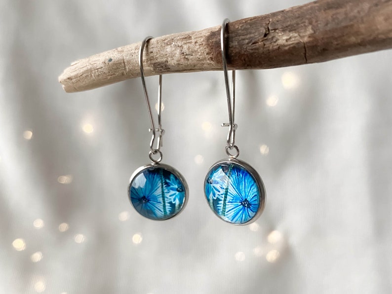 Blue cornflower earrings for summer party, floral artistic earrings for casual look, unique botanical boho look, special gift idea for her image 10