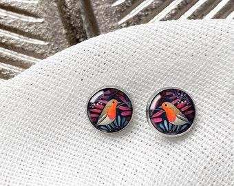 Robin bird earrings for boho woman, ear studs for animal lovers, stainless steel, timeless style, for mother's day