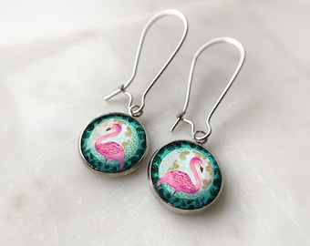 Flamingo colorful long earrings for amazing girlfriend, earrings for animal lovers, timeless look, floral motive, for evening date