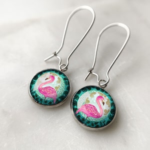 Flamingo pink long earrings for bird lovers, animal earrings perfect for casual look, floral accessory, gift for best friend's birthday image 2