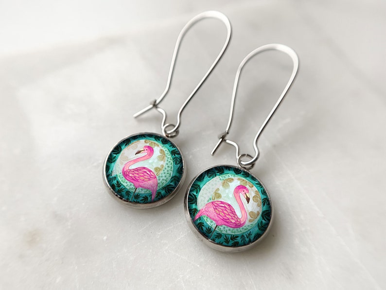 Flamingo pink long earrings for bird lovers, animal earrings perfect for casual look, floral accessory, gift for best friend's birthday image 2