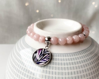 Jade beads bracelet with botanical medallion for romantic date, Rose jade natural stone bracelet, gift idea for best friend's birthday