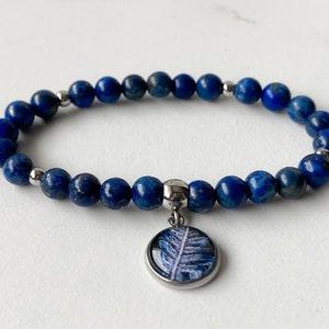 Lapis Lazuli beads bracelet with botanical medallion for romantic date, natural stone bracelet, gift idea for best friend's birthday image 10