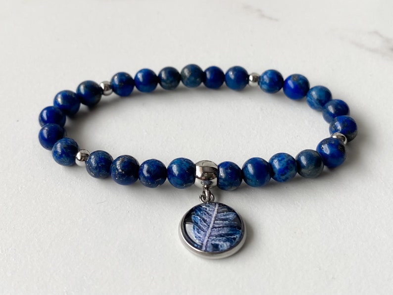 Lapis Lazuli beads bracelet with botanical medallion for romantic date, natural stone bracelet, gift idea for best friend's birthday image 10