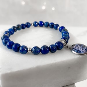 Lapis Lazuli beads bracelet with botanical medallion for romantic date, natural stone bracelet, gift idea for best friend's birthday image 5