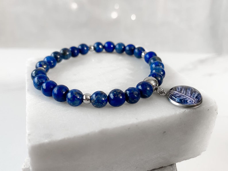 Lapis Lazuli beads bracelet with botanical medallion for romantic date, natural stone bracelet, gift idea for best friend's birthday image 5