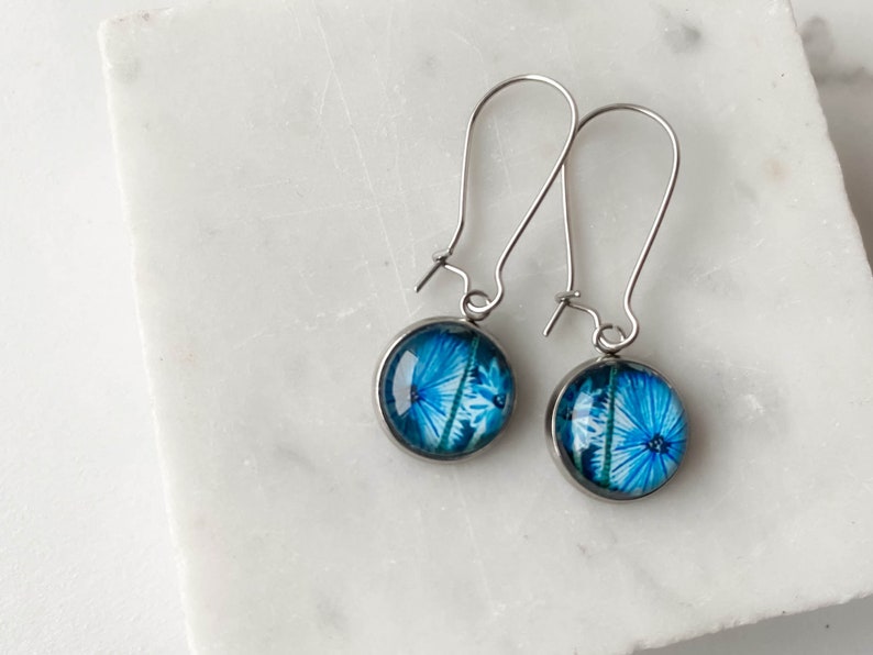 Blue cornflower earrings for summer party, floral artistic earrings for casual look, unique botanical boho look, special gift idea for her image 8