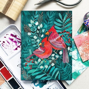 Red Cardinals Greetings Card met prachtige botanische wintertuin, ansichtkaart A6 voor wintervakanties, kunstkaart voor moederdag, verjaardag